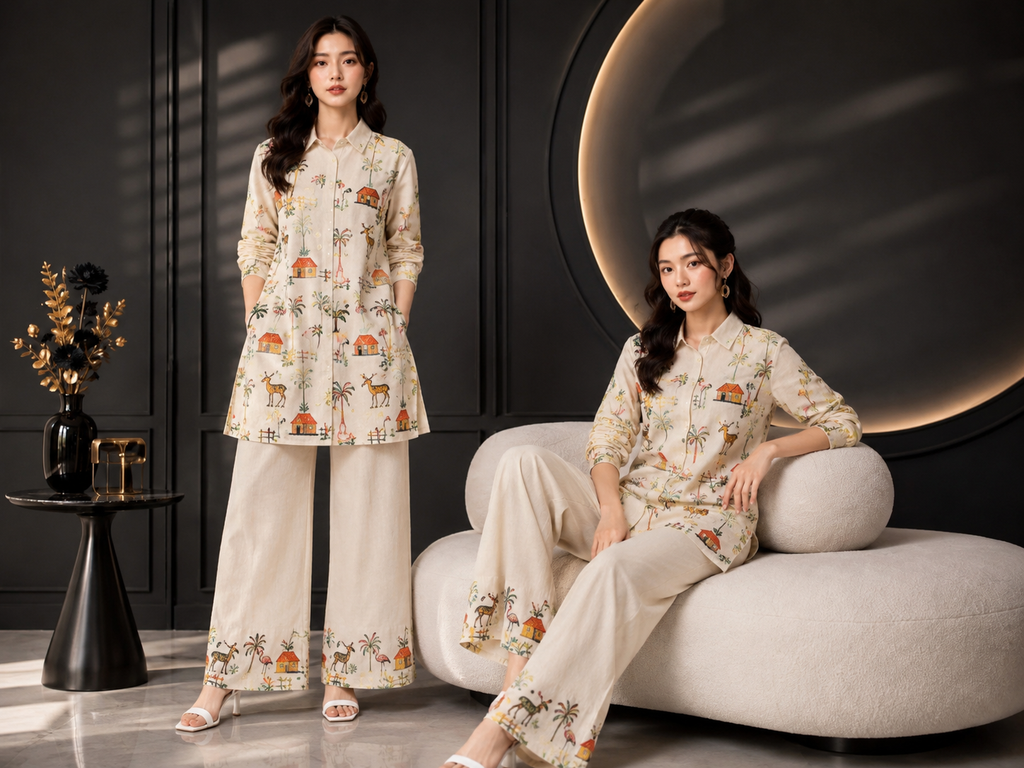 Women’s Ivory Scenic Printed Kurta Palazzo Set | Premium Ethnic Co-Ord Wear
