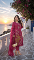 Magenta Embroidered Suit Set with Organza Dupatta | Festive & Party Wear for Women