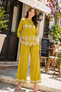 Mustard Yellow Embroidered Co-Ord Set for Women | Premium Cotton Kurti & Palazzo Set