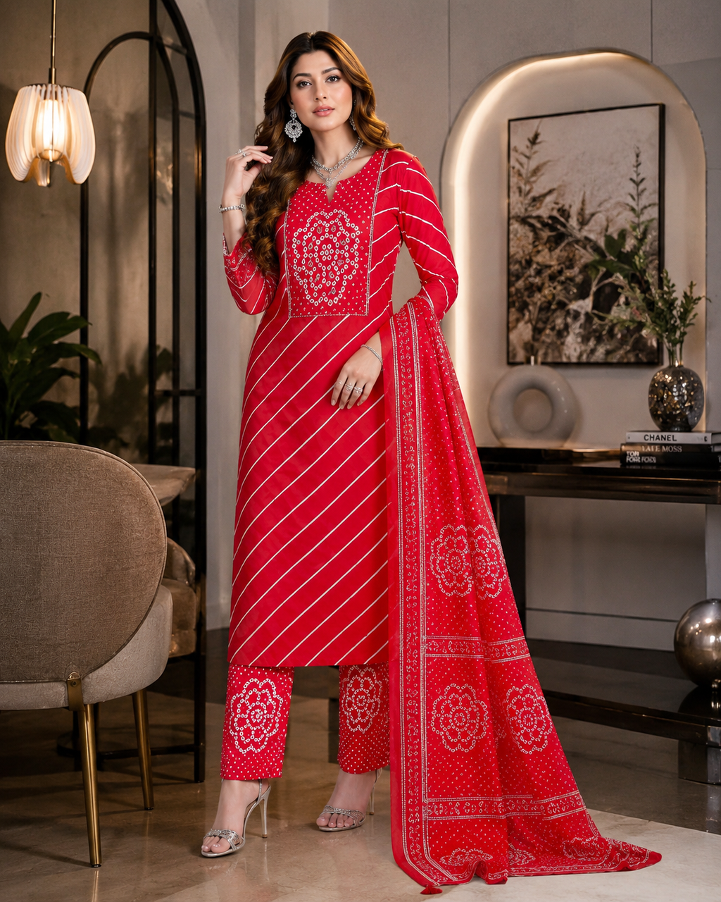 Women’s Red Bandhani Print Kurta Pant Dupatta Set | Designer Ethnic Suit for Festive & Party Wear