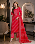 Women’s Red Bandhani Print Kurta Pant Dupatta Set | Designer Ethnic Suit for Festive & Party Wear