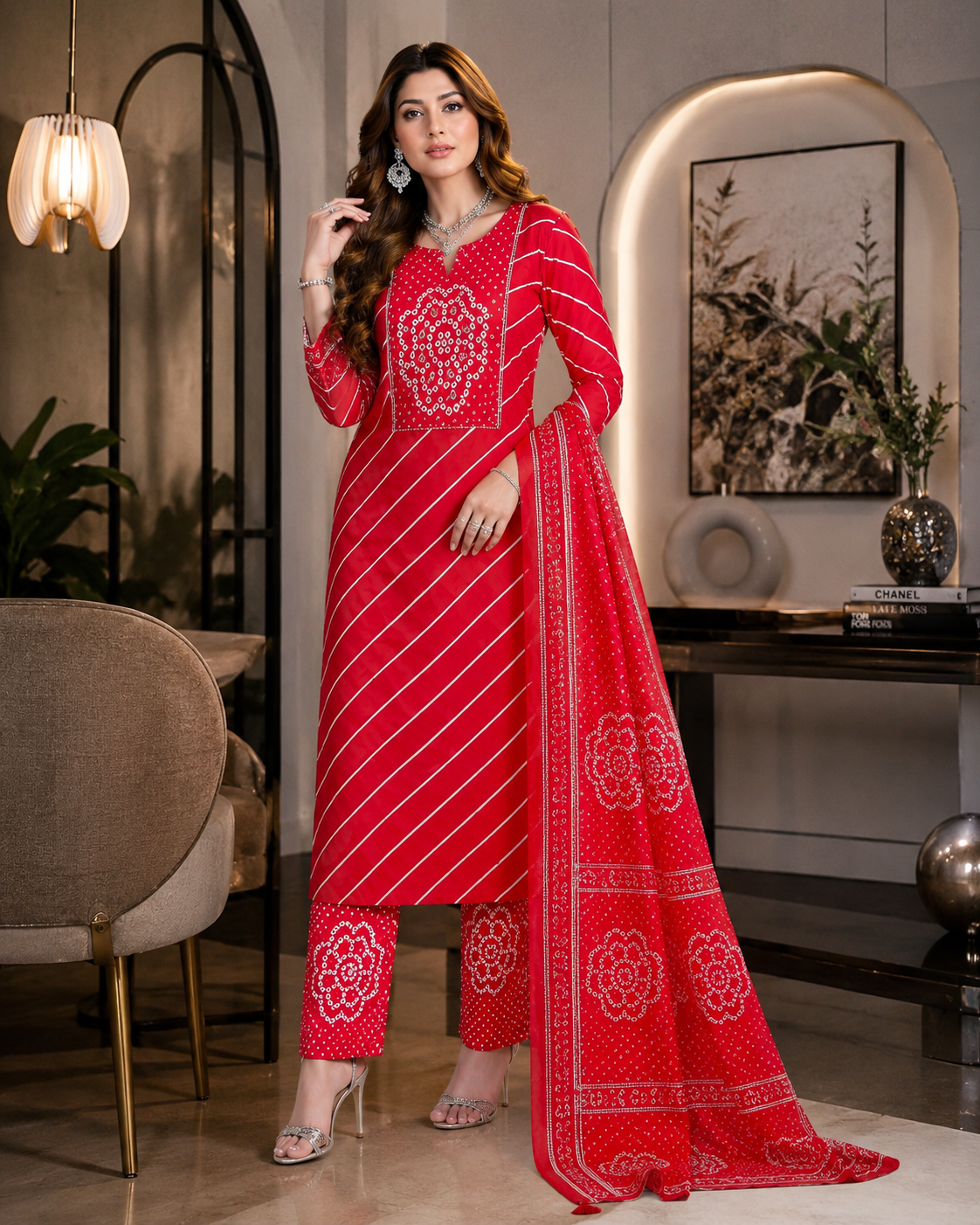 Women’s Red Bandhani Print Kurta Pant Dupatta Set | Designer Ethnic Suit for Festive & Party Wear