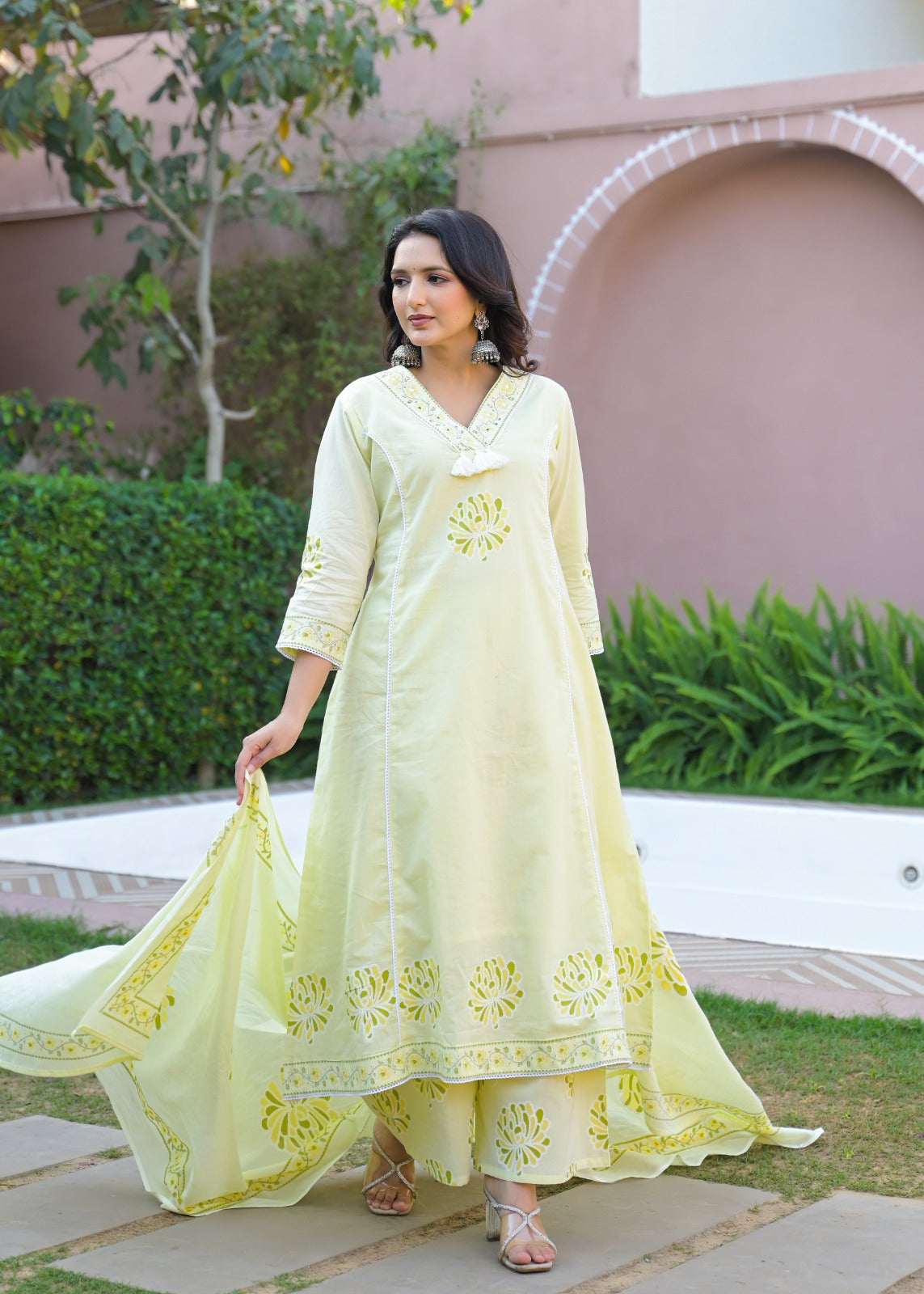 Lime Blossom Pure Cotton Suit Set with Palazzo & Dupatta