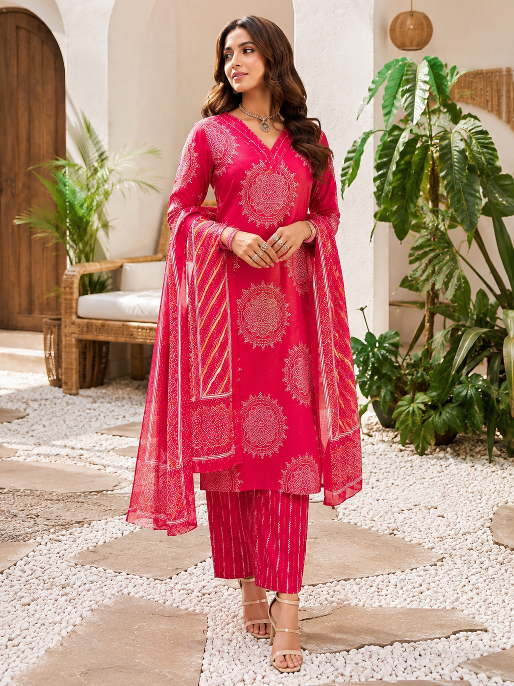 Rani Pink Cotton Printed Suit Set with Dupatta for Women | Elegant Ethnic Wear