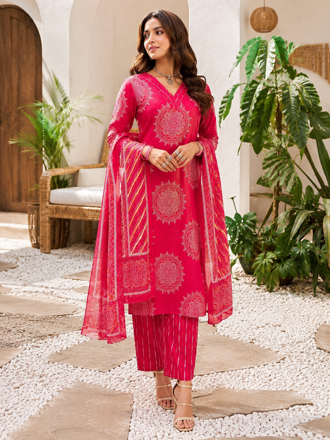 Rani Pink Cotton Printed Suit Set with Dupatta for Women | Elegant Ethnic Wear