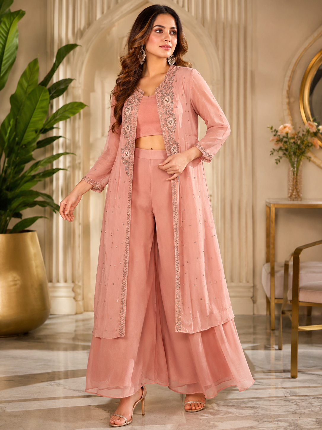 Blush Pink Indo-Western Handwork Co-Ord Set with Crop Top & Palazzo
