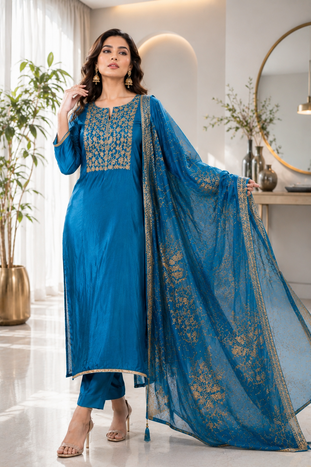 Women’s Shimmer Silk Embroidered Suit Set with Dola Silk Dupatta