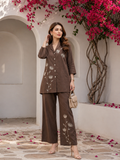 Mocha Bloom Co-Ord Set – Premium Embroidered Shirt & Wide Leg Pants