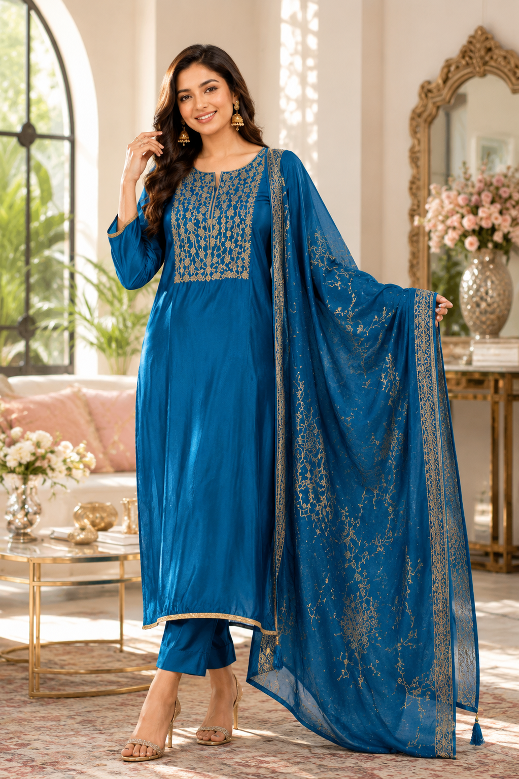 Women’s Shimmer Silk Embroidered Suit Set with Dola Silk Dupatta