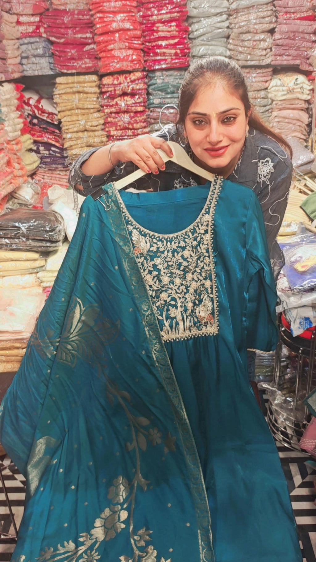 Women’s Shimmer Silk Embroidered Suit Set with Dola Silk Dupatta