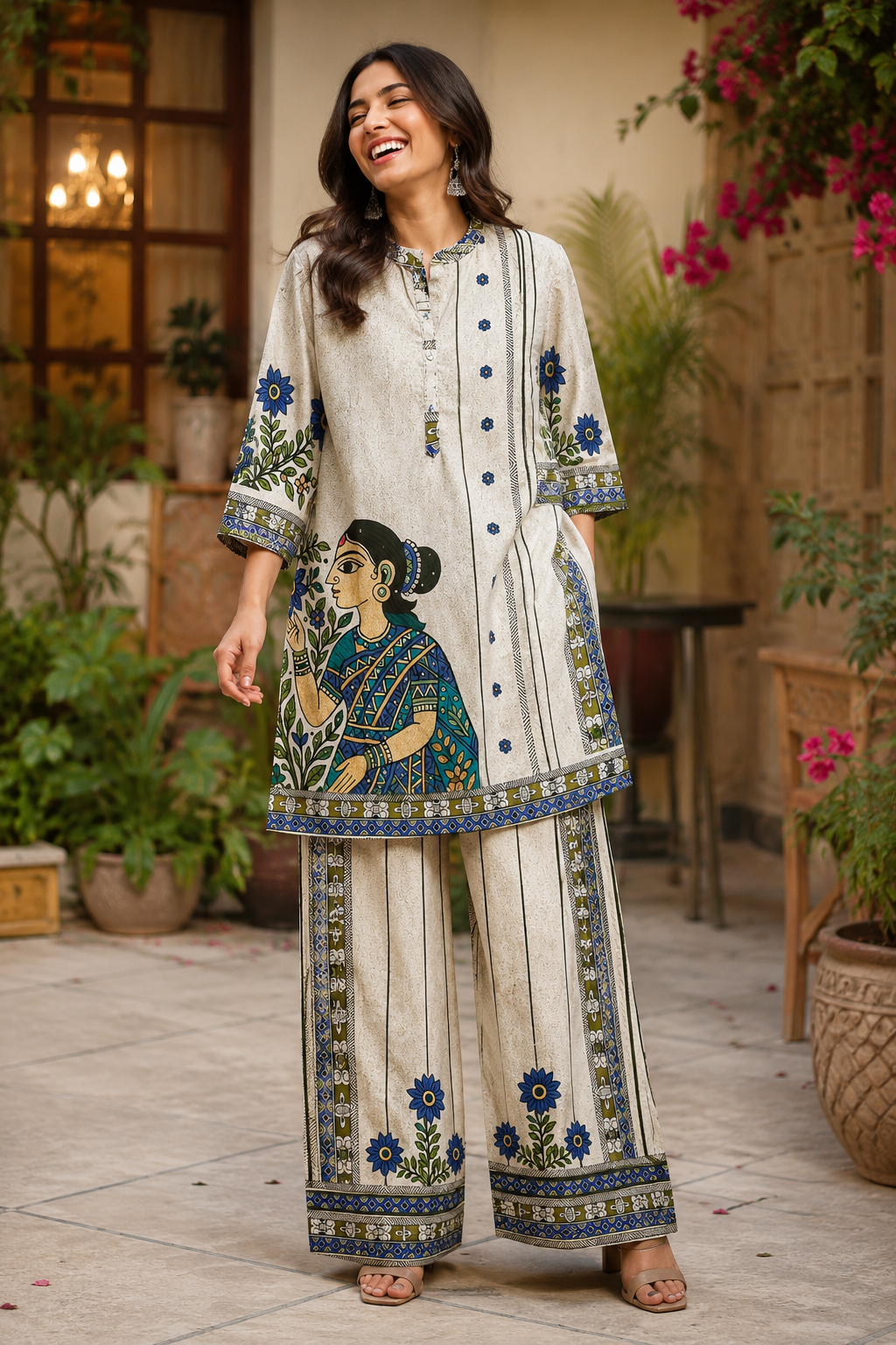 Ivory Blue Folk Art Printed Co-Ord Set with Wide Leg Palazzo