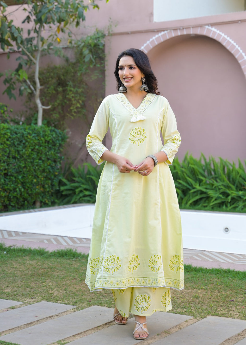 Lime Blossom Pure Cotton Suit Set with Palazzo & Dupatta