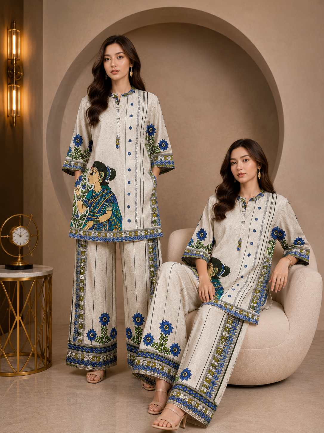 Ivory Blue Folk Art Printed Co-Ord Set with Wide Leg Palazzo