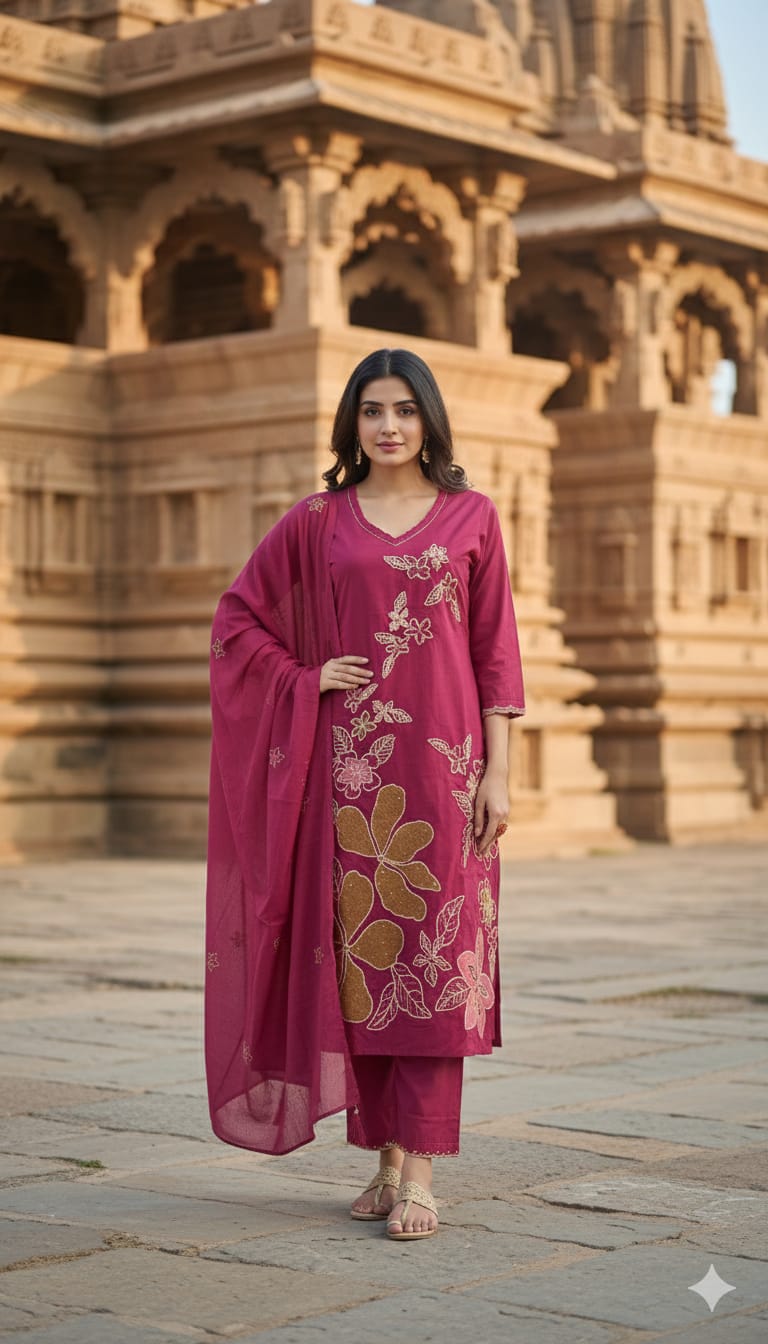 Magenta Embroidered Suit Set with Organza Dupatta | Festive & Party Wear for Women