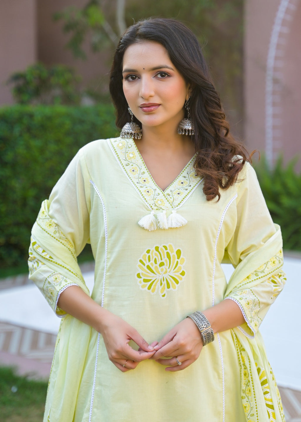 Lime Blossom Pure Cotton Suit Set with Palazzo & Dupatta