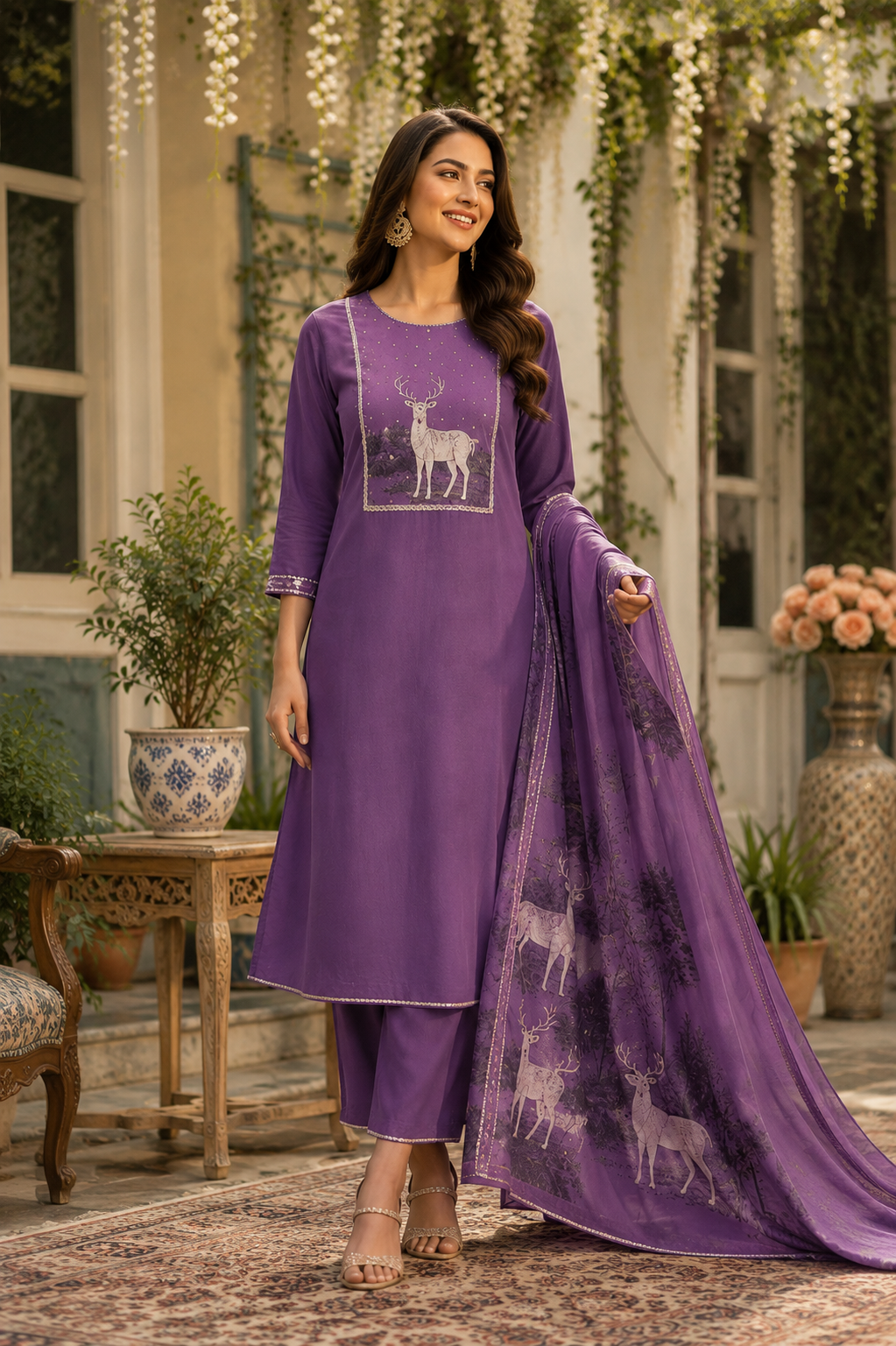 Women’s Elegant Deer Print Suit Set with Soft Printed Dupatta