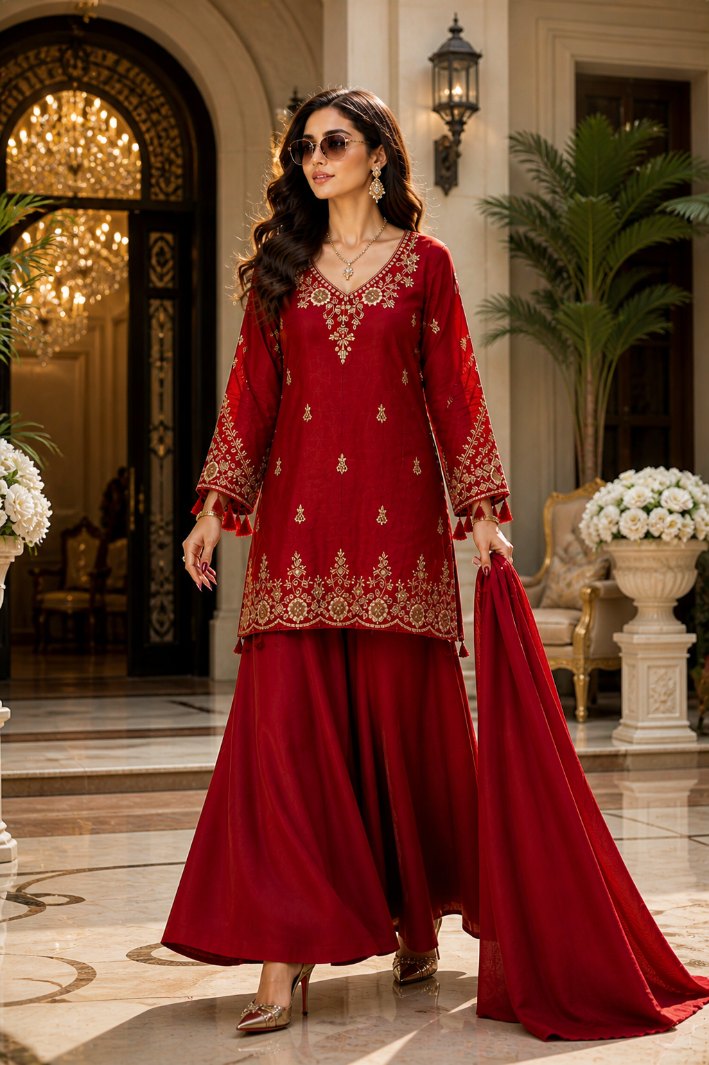 Women’s Ruby Red Embroidered Sharara Suit Set with Dupatta | Festive & Wedding Wear