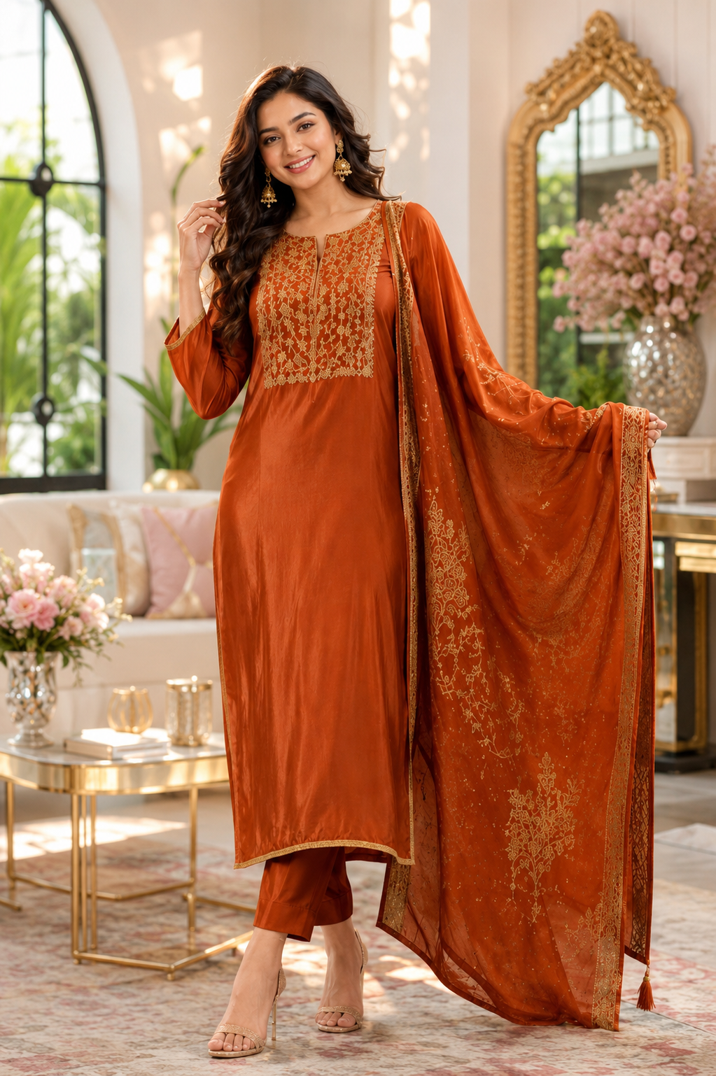 Women’s Shimmer Silk Embroidered Suit Set with Dola Silk Dupatta