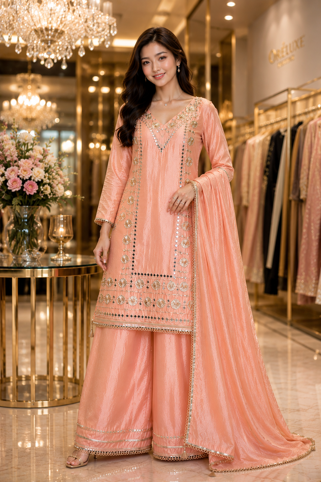 Peach Mirror Work Kurta Set with Palazzo & Dupatta | Festive Wear Suit