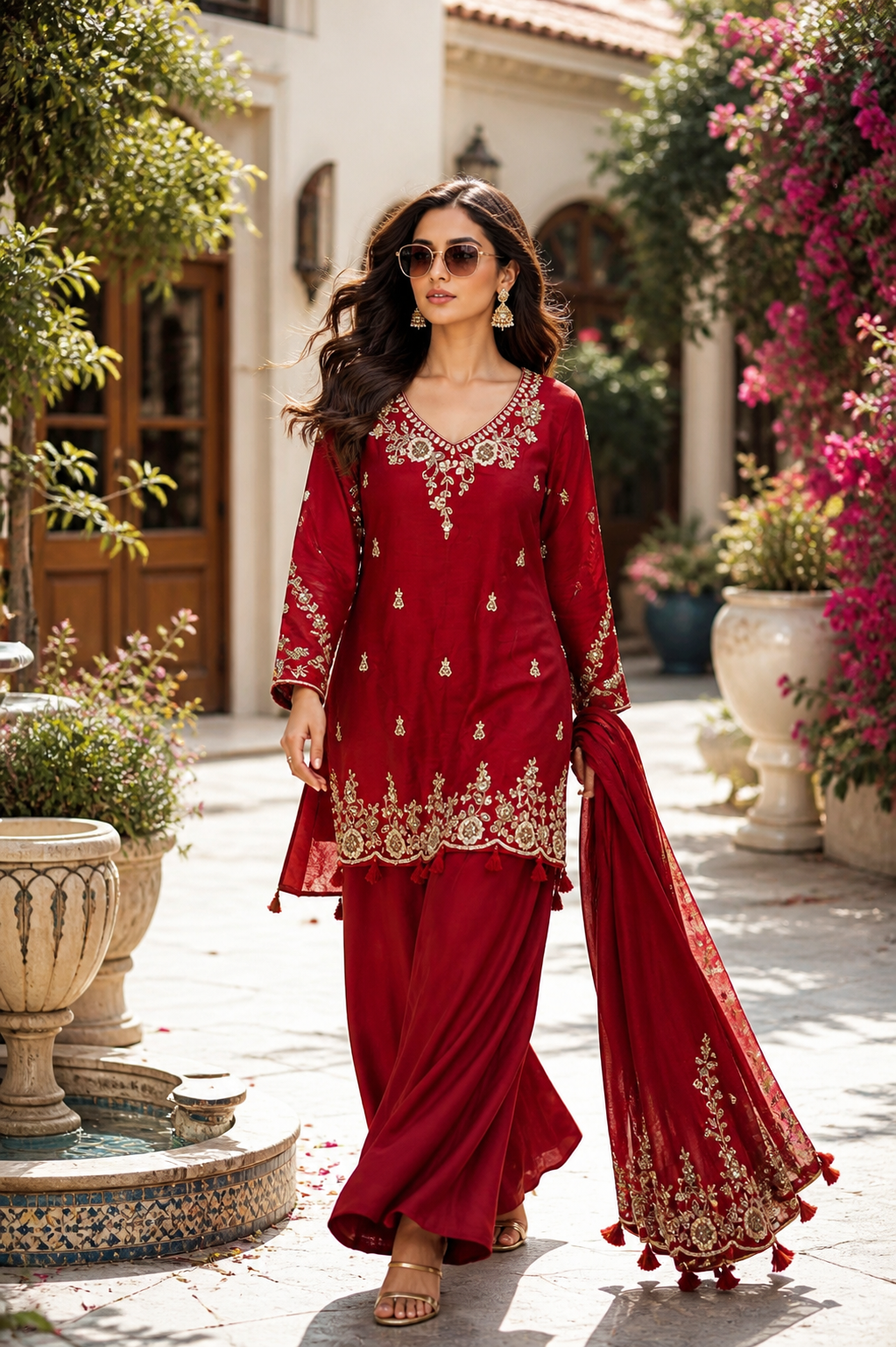 Women’s Ruby Red Embroidered Sharara Suit Set with Dupatta | Festive & Wedding Wear