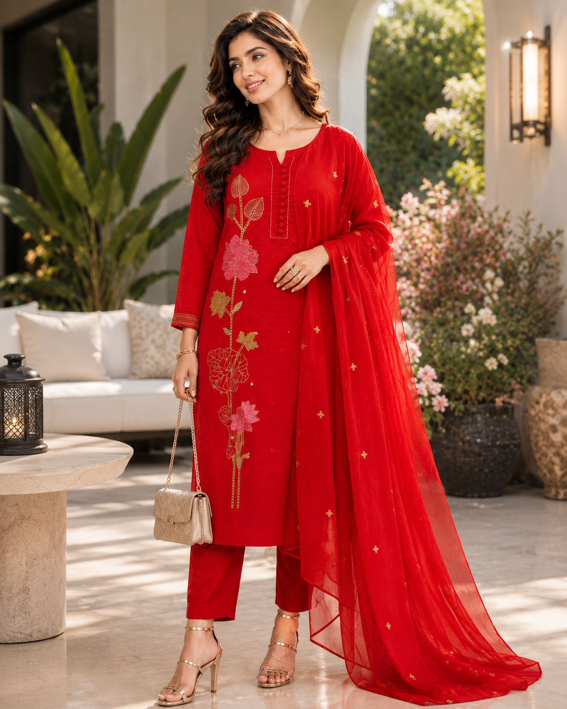 Women’s Red Embroidered Kurta Pant Dupatta Set | Designer Festive & Party Wear Suit