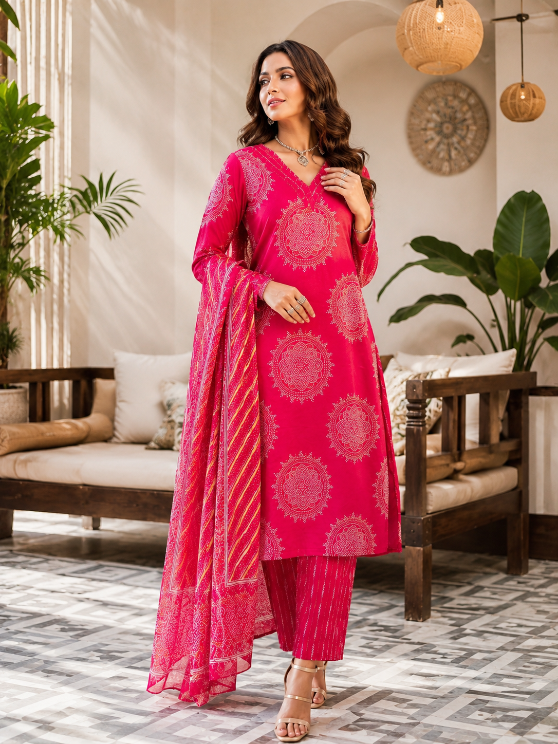 Rani Pink Cotton Printed Suit Set with Dupatta for Women | Elegant Ethnic Wear