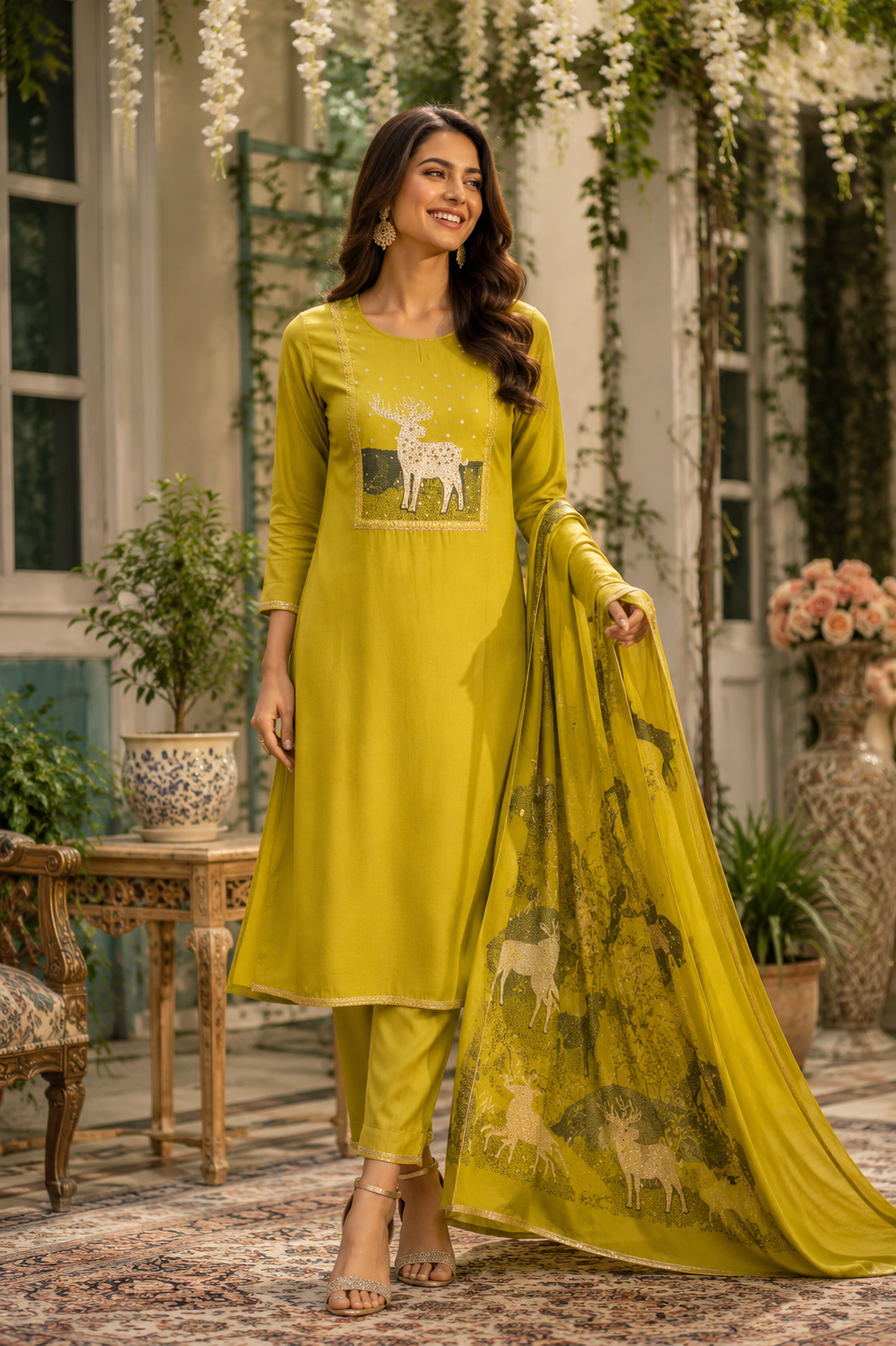 Women’s Elegant Deer Print Suit Set with Soft Printed Dupatta