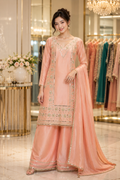 Peach Mirror Work Kurta Set with Palazzo & Dupatta | Festive Wear Suit
