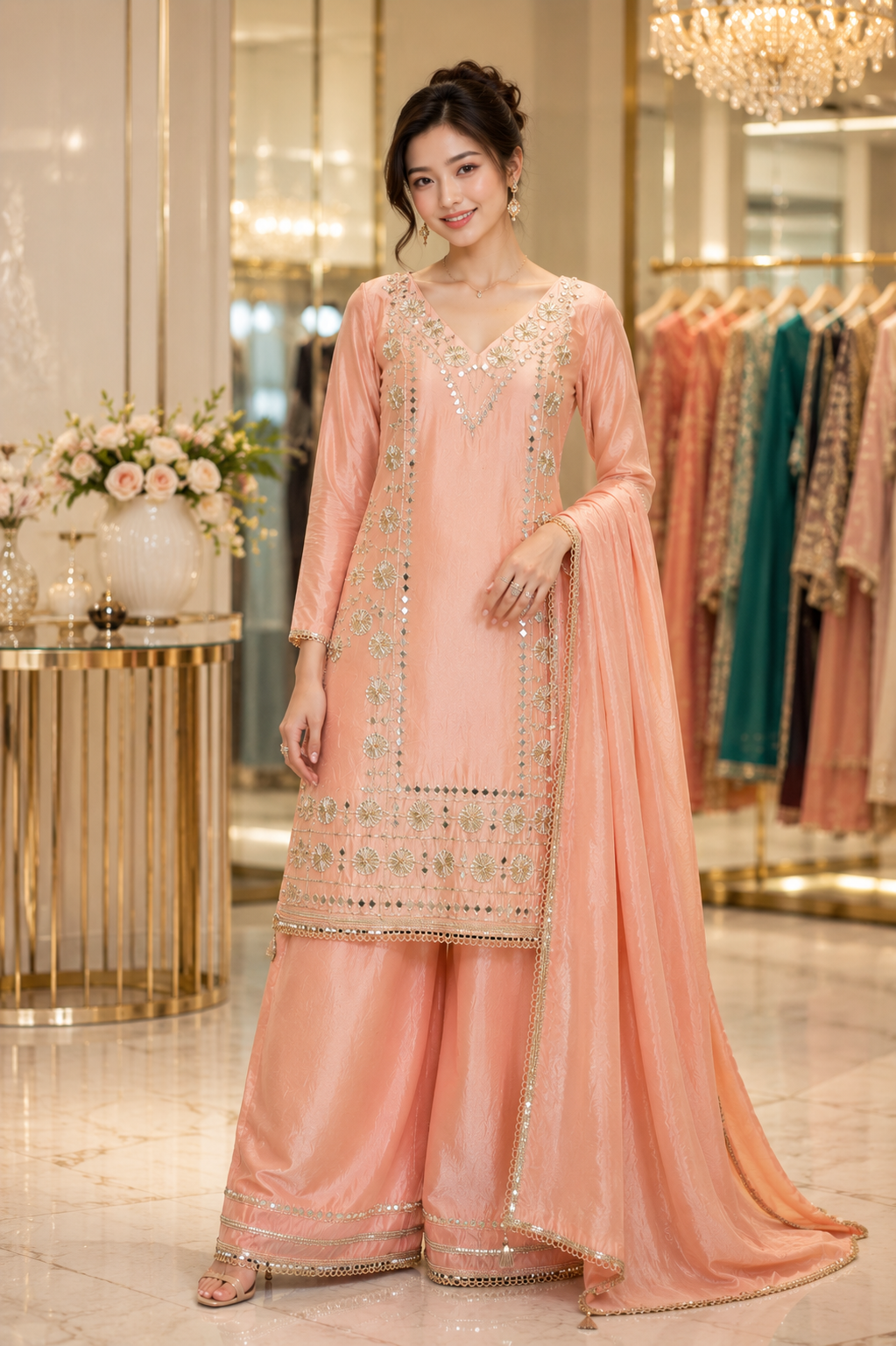 Peach Mirror Work Kurta Set with Palazzo & Dupatta | Festive Wear Suit