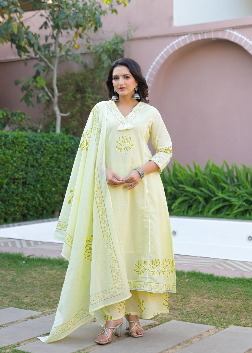 Lime Blossom Pure Cotton Suit Set with Palazzo & Dupatta