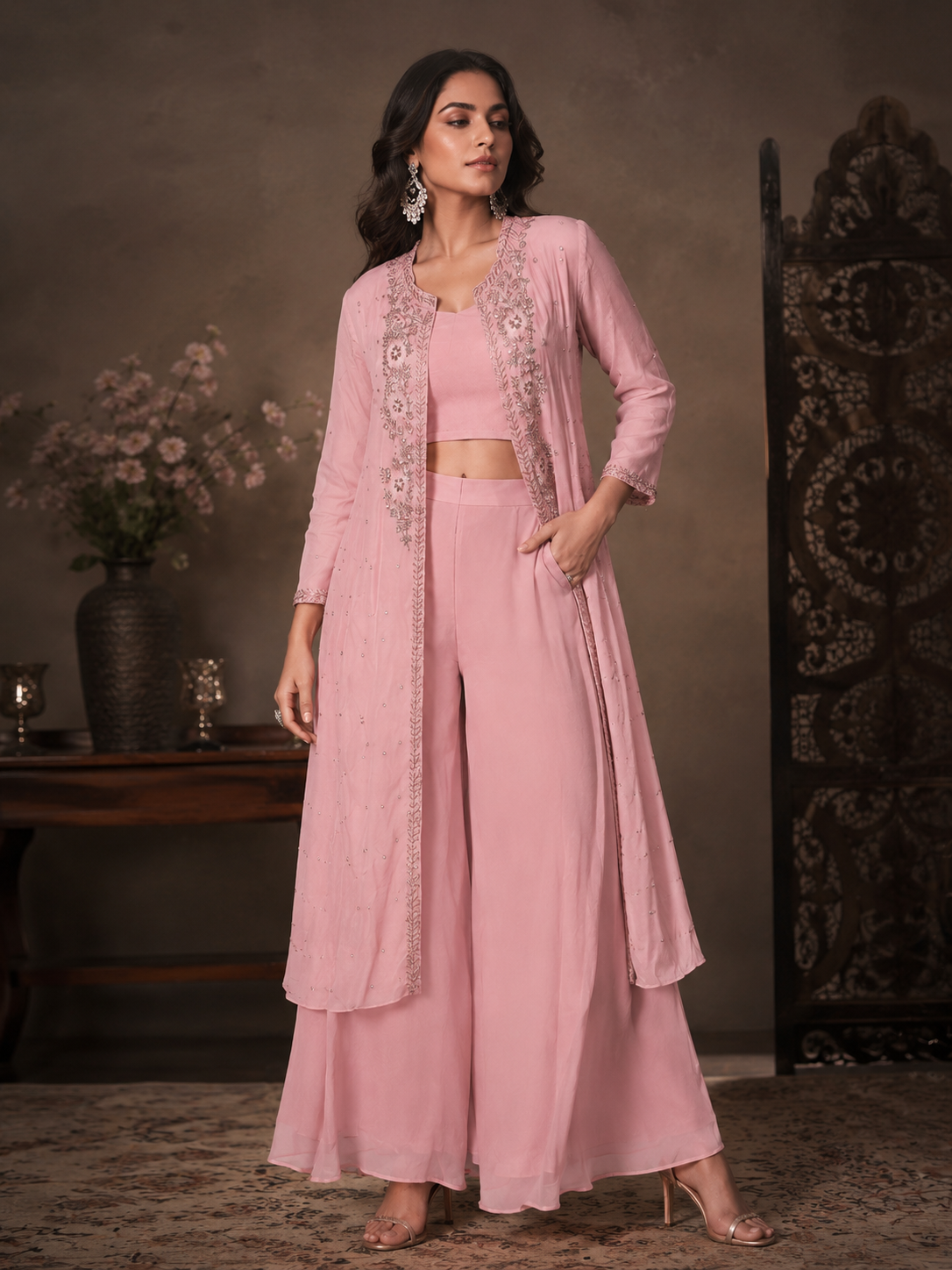 Blush Pink Indo-Western Handwork Co-Ord Set with Crop Top & Palazzo