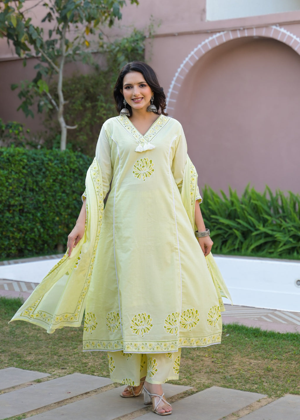 Lime Blossom Pure Cotton Suit Set with Palazzo & Dupatta