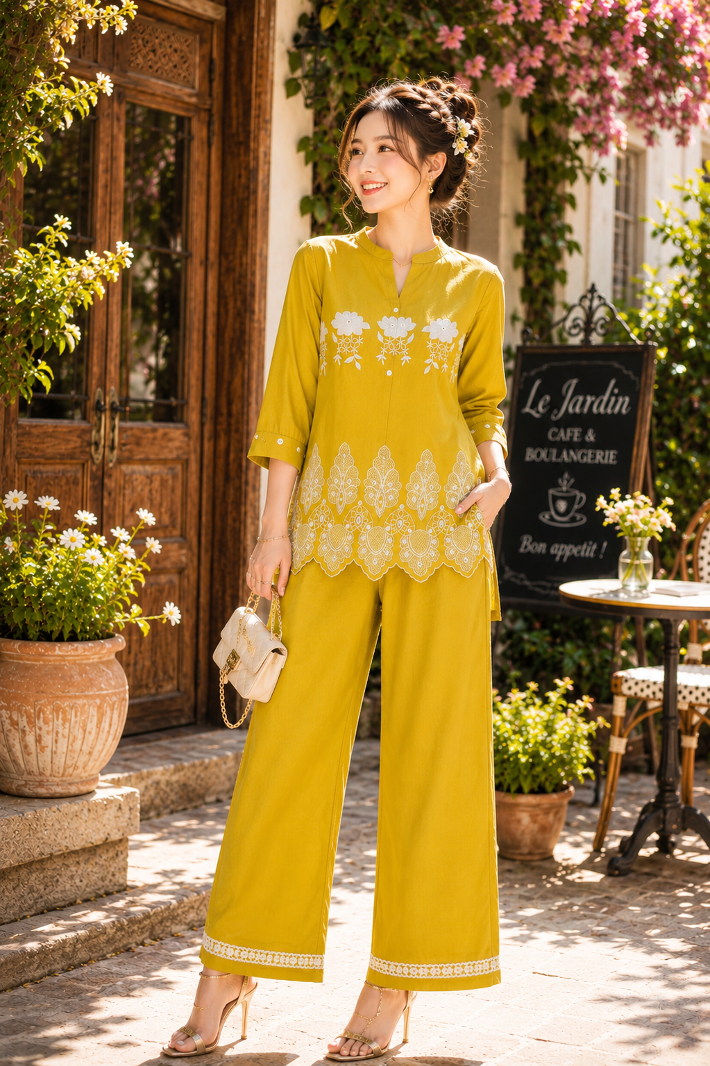Mustard Yellow Embroidered Co-Ord Set for Women | Premium Cotton Kurti & Palazzo Set