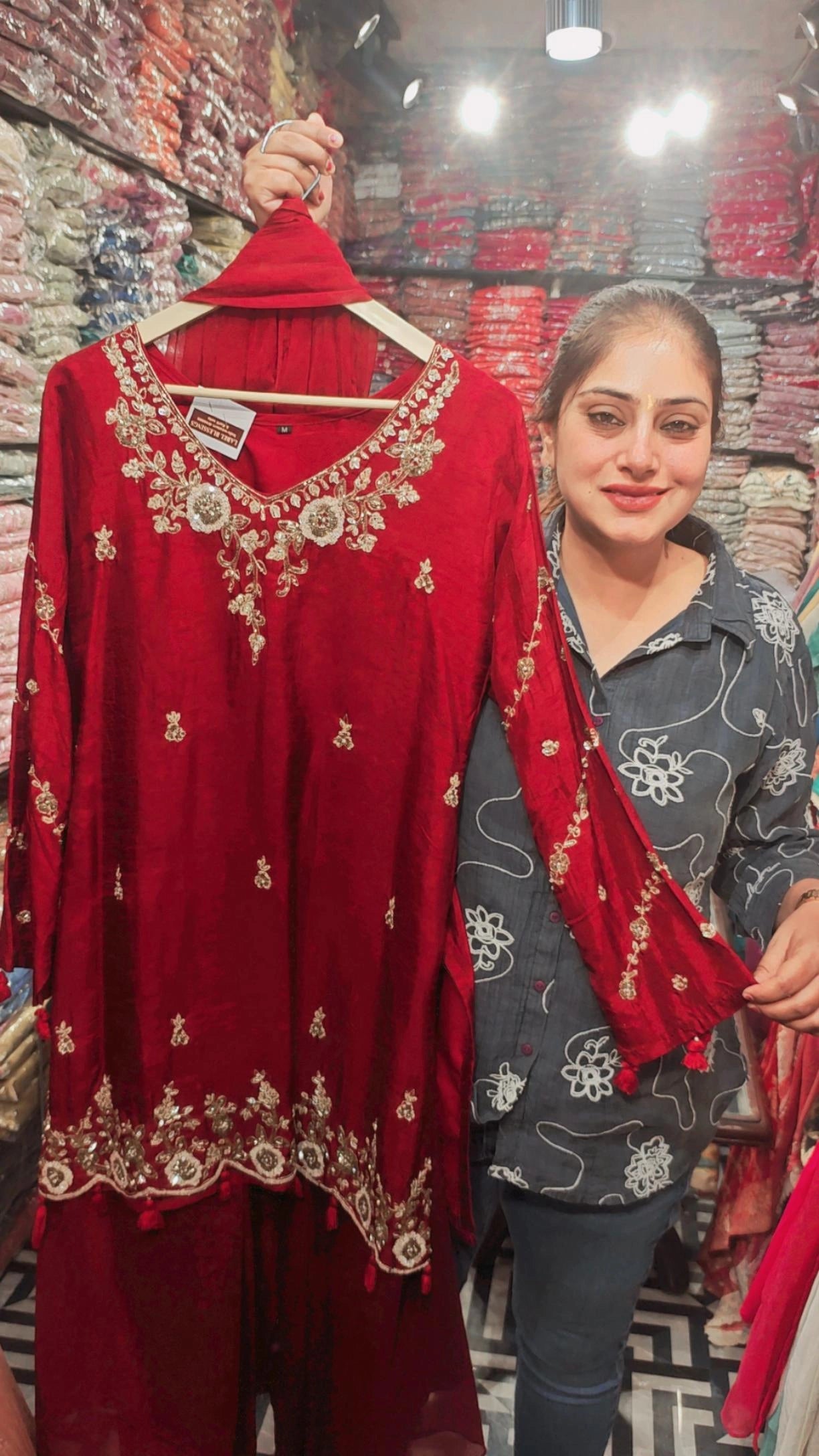 Women’s Ruby Red Embroidered Sharara Suit Set with Dupatta | Festive & Wedding Wear