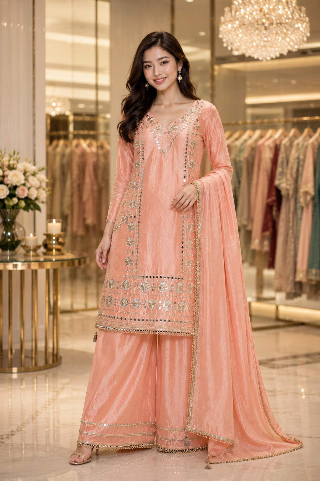 Peach Mirror Work Kurta Set with Palazzo & Dupatta | Festive Wear Suit