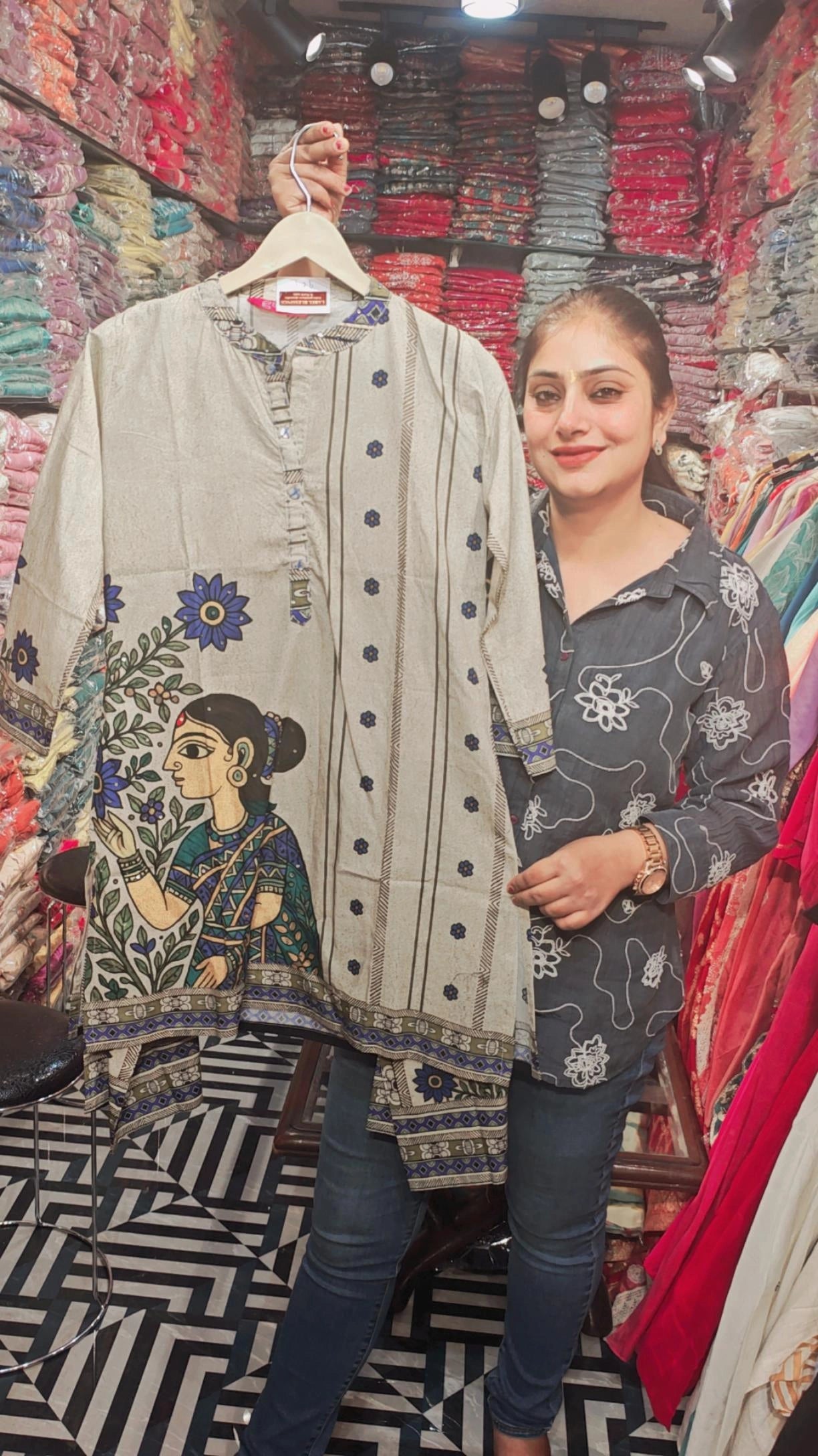 Ivory Blue Folk Art Printed Co-Ord Set with Wide Leg Palazzo